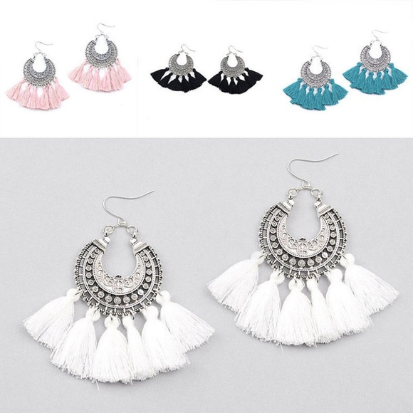 SALE 2/$25 ~ Etched Silver Fringe Earrings WHITE - Picture 2 of 4